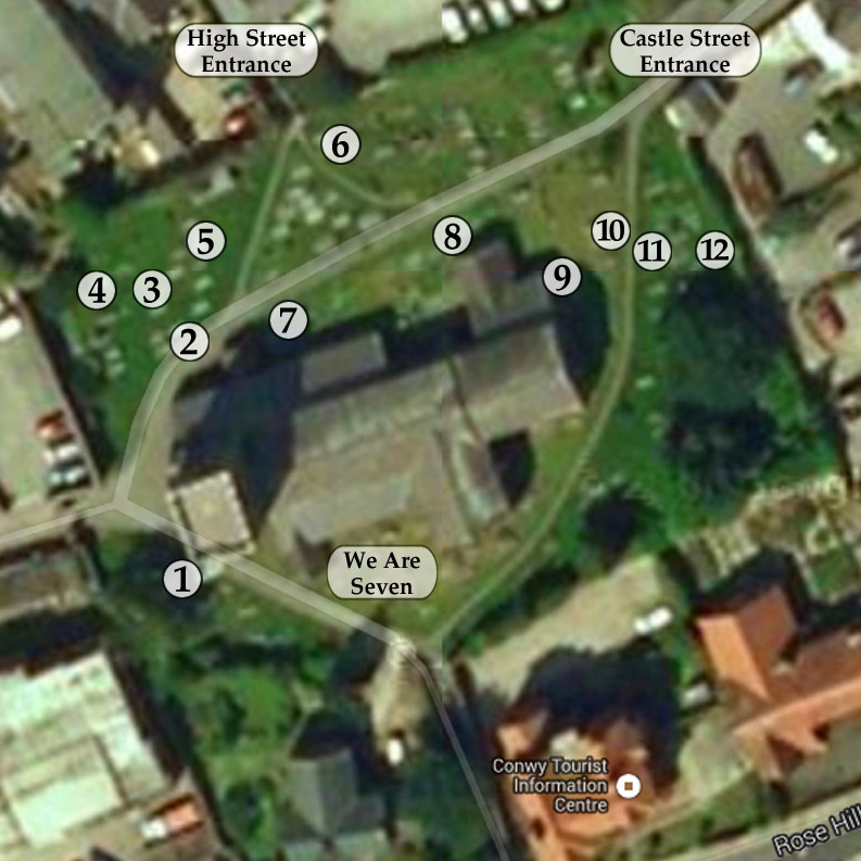 Locations of interesting graves in Conwy cemetery