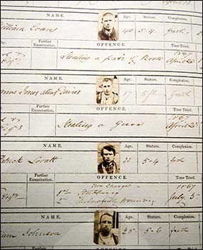 Mugshots on page of Carmarthen Record of Felons