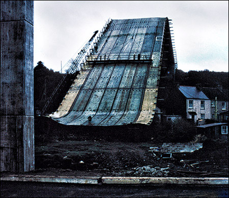Photo of collapsed Cleddau Bridge section in 1970