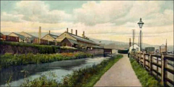 Old photo looking north along canal past Patent Nut & Bolt works, Cwmbran
