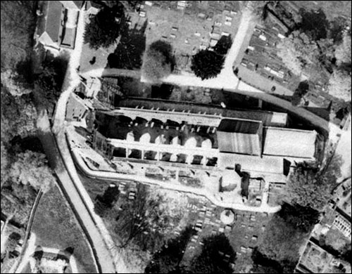 Aerial view of Llandaff Cathedral in 1942
