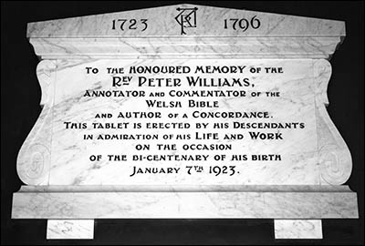 Photo of memorial tablet to Peter Williams in Llandyfaelog church