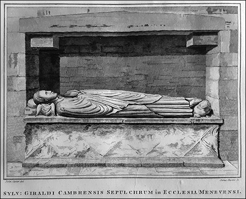 Old drawing of Gerald of Wales effigy in cathedral