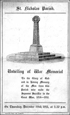 Photo of cover of St Nicholas war memorial unveiling programme