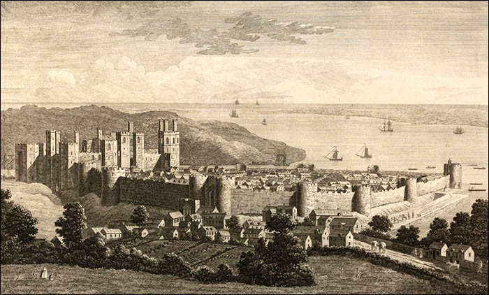 Drawing of Caernarfon viewed from Twthill in 1750