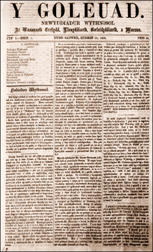 Photo of front page of first edition of Y Goleuad