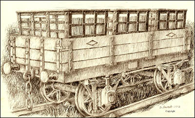 Drawing by Di Sweet of LNWR wagon carrying slate quarry wagons