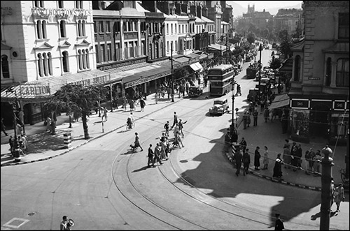 Old photo of Palladium Corner with tramway