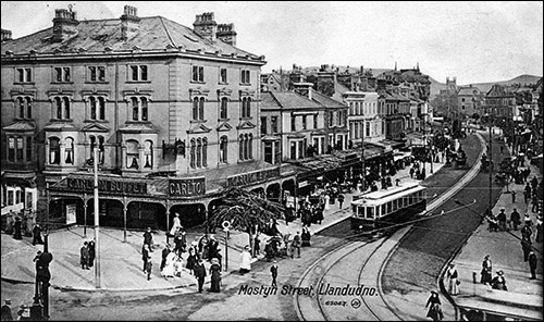 Old photo of Palladium Corner with tramway