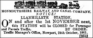 Llanhilleth station closure notice of 1861